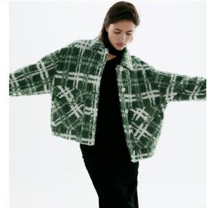 Zara Green Combination Plaid Shearling Fleece Jacket Women's Size Large